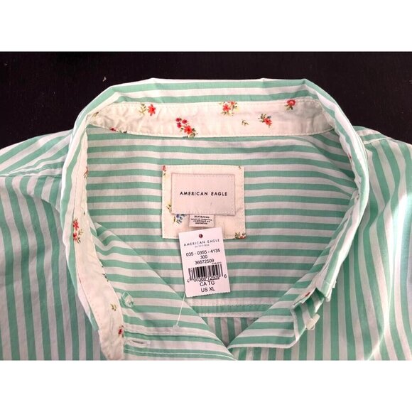 NWT AMERICAN EAGLE Top Size XL Long Sleeve Green White Striped Contrasting Cuffs - Picture 4 of 10